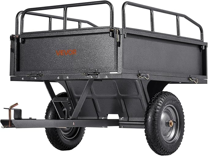 VEVOR 10 Cu.Ft. & 500lbs ATV Trailer Dump Cart Tow Behind, Heavy Duty Utility UTV Trailer, Tow Behind Steel Yard Dump Wagon Cart with 14" Tires for Lawn Mower Tractor