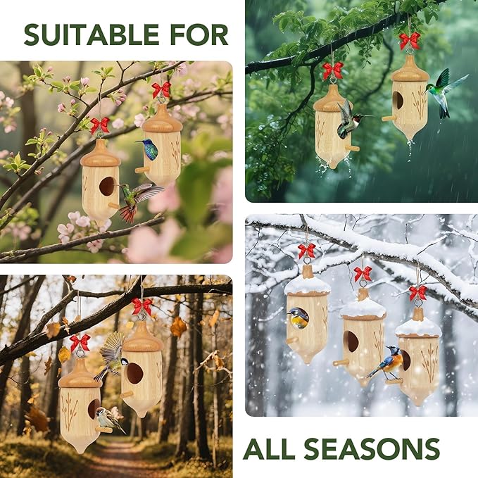 Hummingbird House, Small Hummingbird Houses for Outside, Wooden Bird House with Bow, String, Cute Gardening Gifts Home Decoration