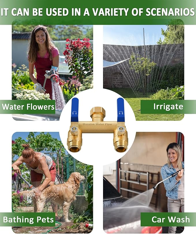Hose Splitter 2 Way Heavy Duty, Full Flow Garden Hose Splitter with 2 Long Metal Handles, Brass Rust and Freeze Resistant Water Hose Bib Splitter, T Adapter Connector with 3/4 - Inch GHT Thread(Blue)