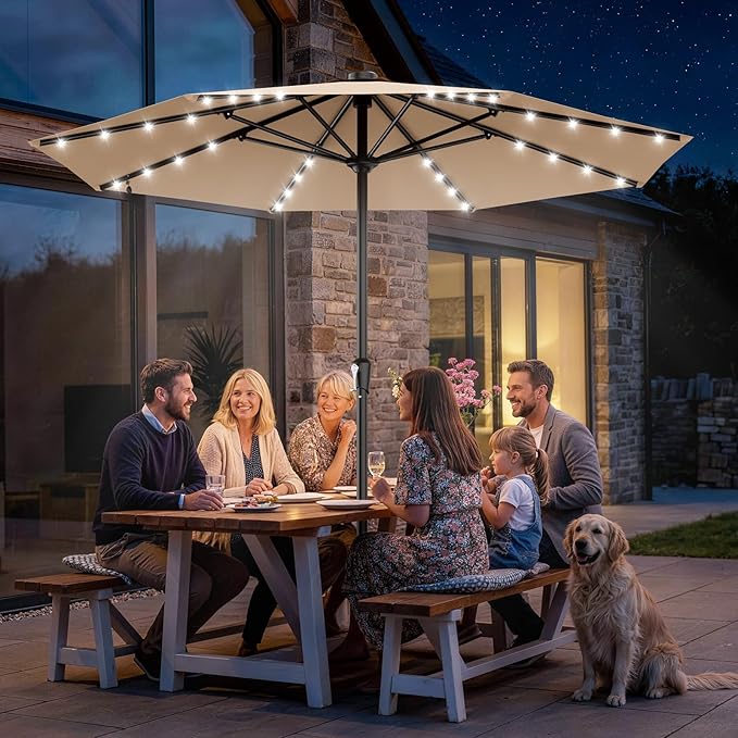 AreShark 11FT Large Patio Umbrella with Solar Lights, Lighted Solar Umbrella with Crank, Outdoor Table Market Umbrellas for Garden, Deck, Backyard, Pool and Beach, Beige