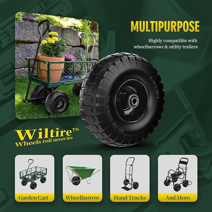 (2 Pack) 4.10/3.50-4 Flat Free Tire and Wheel 10-Inch Solid Wheel Replacement with 5/8 Bearings,2.2" Offset Hub -Compatible with Hand Truck,Wheelbarrow(Black)