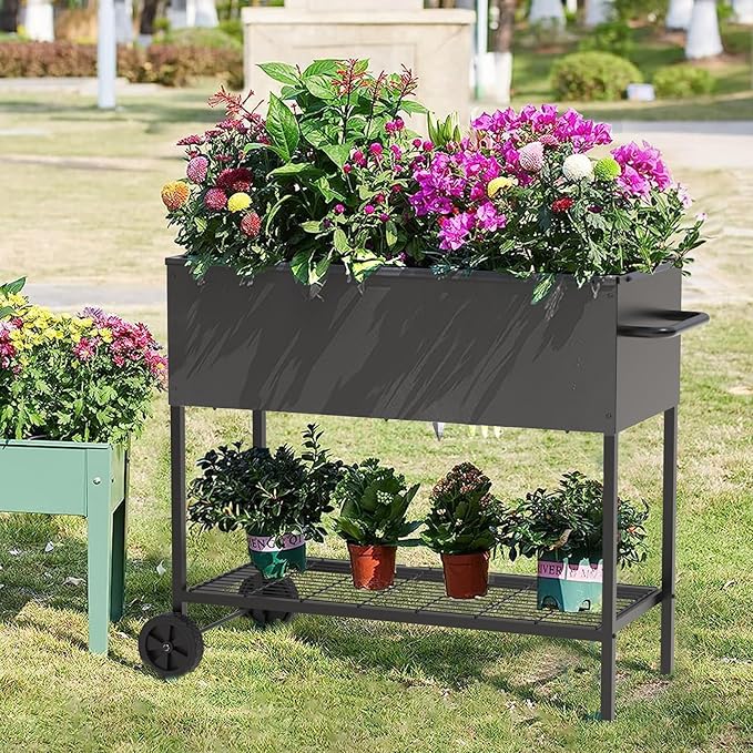 JWPEHOE 34 × 15 × 31 Inches Raised Garden Bed with Legs/Storage Shelf, Mobile Planter Box for Outdoor Plants, Elevated Garden Bed for Backyard, Balcony, Black