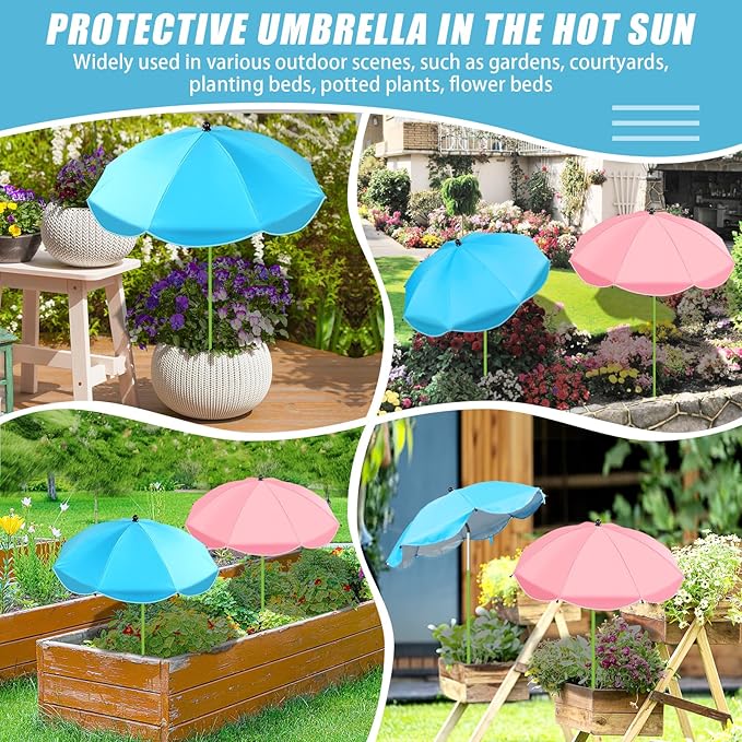 Axcoix 2 Pack Upgraded Plant Umbrellas for Outdoor Plants, 26" Larger Garden Plant Umbrella Shade with Adjustable Angle, 43.4" Higher Sun Shade for Plants, Potted Plant, Garden Beds (Pink & Blue)