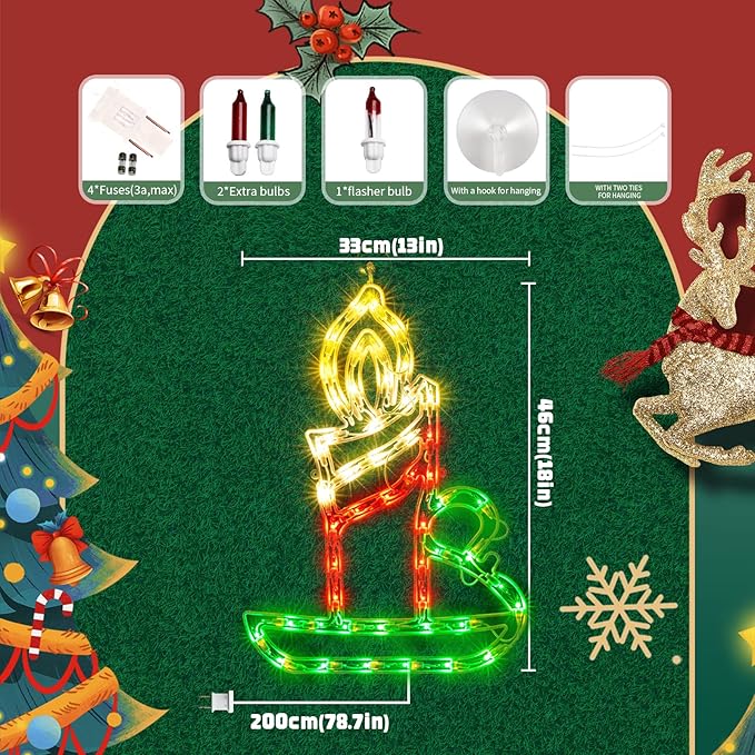 Christmas Window Silhouette Lights, Lighted Candle Double Sided Decorations with 50 Count Incandescent Mini Light, for Holiday Indoor Wall Door Glass Decor