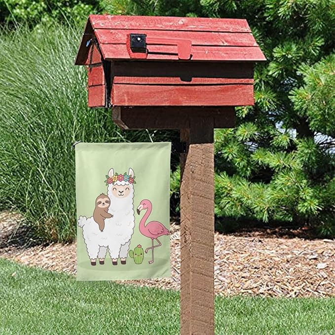 Delerain Llama Sloth Flamingo Garden Flag, 12.5 x 18 Inch Double Sided Design Weather Resistant Indoor & Outdoor Decoration Small Banner for Home Yard Lawn Patio Office