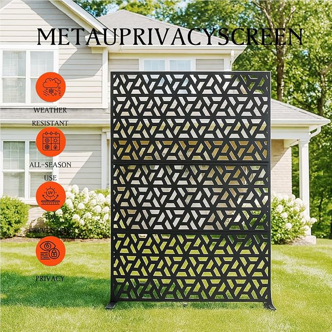 Metal Privacy Screen,72" h x 47" w 3-Panel Freestanding Decorative Fence with Stand for Outdoor Patio, Lawn, Garden, Deck, Balcony