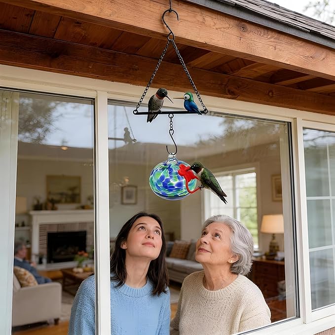 Headak Life Hummingbird Feeder for Outdoors Hanging,Metal Hummingbird Swing with Hand Blown Glass Hummingbird Feeder,Artistic Bird Perch & Garden Decor, Unique Gardening Gifts for Women(Dotted Blue)
