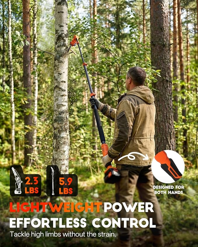 Electric Pole Saws for Tree Trimming, 2-in-1 Bruless Motor Mini Chainsaw & Pole Saw, 8-in Electric Chainsaw Cordless with Extendsion Pole, 2x4000mAh Li Batteries & Charger, 16FT Max Reach