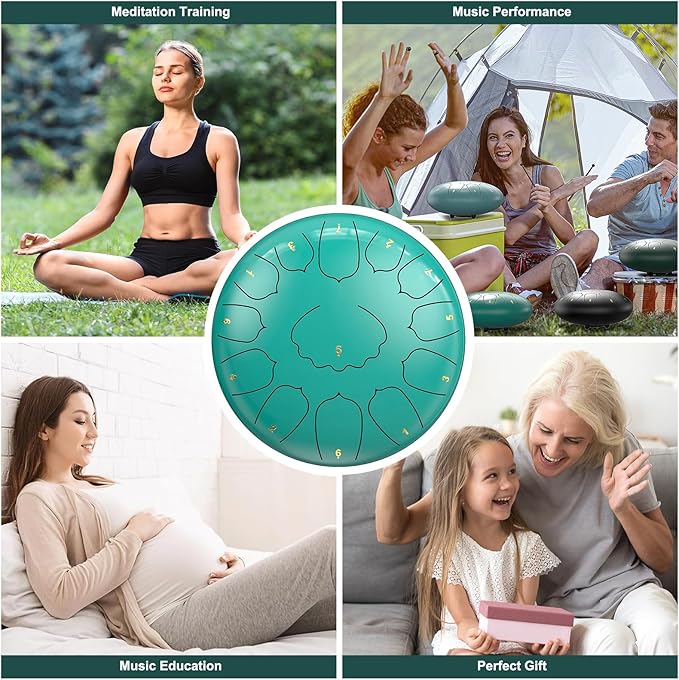 D Major Steel Tongue Drum Handpan, 12 Inch 13 Note Rain Drum for Outside Garden, Meditation Rain Chime, Musical Percussion Instrument for Adult Gift with Bag, Music Book, Drum Mallets (Lake Blue)