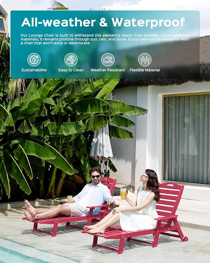 Outdoor Lounge Chair Set of 4, All Weather Patio Chaise Lounge Chair for Outside, HDPE Chair with Rolling Wheels & Cup Holder, 5 Position, Deck, Pool, Red