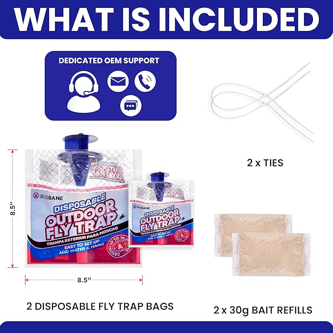 Fly Traps Outdoor Fly Trap for Patio. 2 Non-Toxic Pre-Baited Flies Bags Outdoor Disposable. Hanging Bug Catchers for All Filth Flies Killer for Outside Bug Control in Yard Horse Ranch Trash Can.