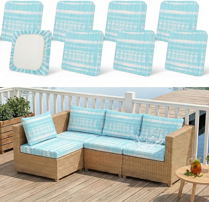 8 Pack Outdoor Cushion Covers Water Resistant High Stretch Fit Patio Cushion Covers 180g Couch Seat Slipcovers Machine Washable Pet & Kids Friendly Home Refresh 20-27 Inch, Teal Tie-Dye