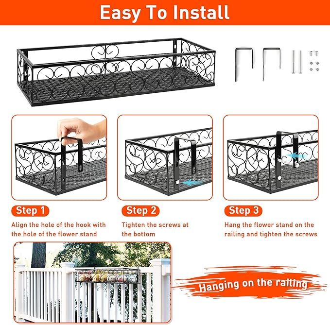 Balcony Flower Pot Stand Rack Patio Railing Shelf Plant Pots Holder Windows decorate (L, Black)