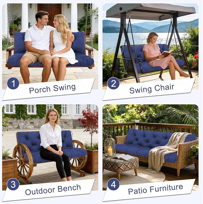 Porch Swing Cushions 48 inch Waterproof & Fade Resistant Thicken 5" Outdoor Swing Cushions 2 Seater Replacement with Backrest & Ties Patio Swing Cushions for Outdoor Furniture (Navy Blue)
