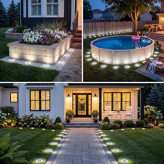 vighep 4 Pack Solar Ground Lights, 2.8 inch Flat Solar Light Outdoor Waterproof, Anti Rust, Low Profile Led Solar Powered Disc Lights Landscape Lighting for Yard,Walkway,Lawn,Path - Cool White