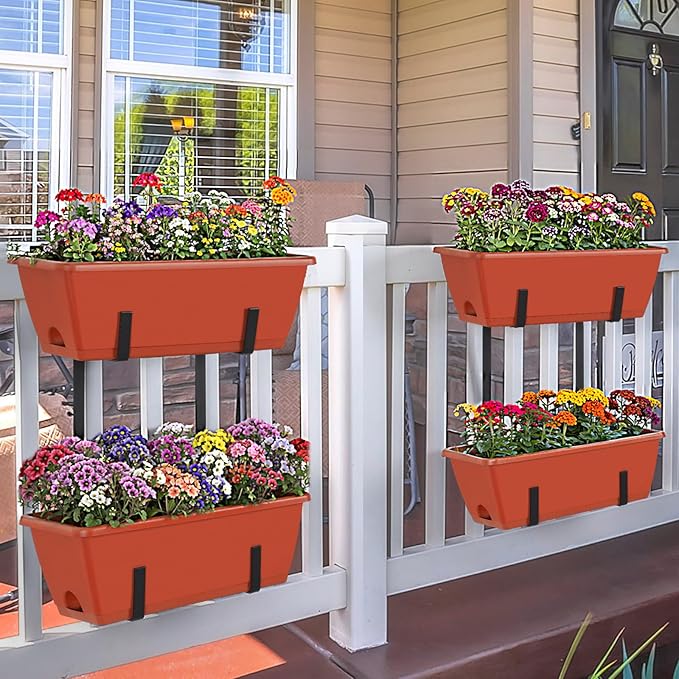 Railing Planter Box 4 Pack Window Boxes Planters 16.9 Inch Rectangular Planter with Adjustable Brackets 2 Tier Outdoor Balcony Hanging Planters Set of 2 for Railings Garden Porch Patio, Brick Red