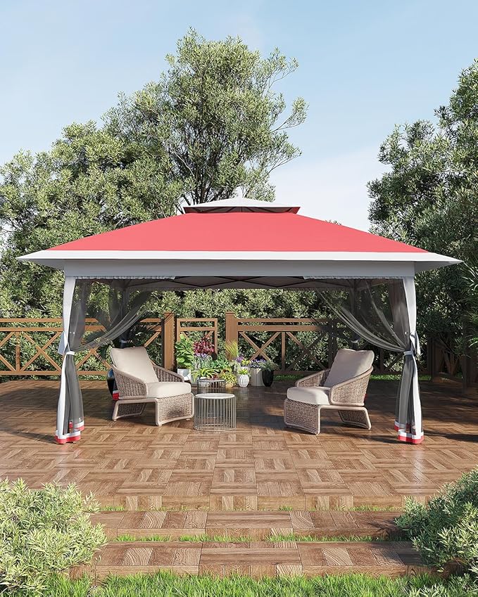 GarveeLife Canopy Tent 13x13 ft, Pop Up Gazebo One-Push Setup with 4 SandBags for Backyard Parties and BBQs, Mosquito Netting & Height Adjustable - Red