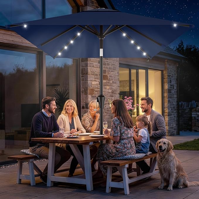 AreShark 6.5' x 10' Rectangular Patio Umbrella with Solar Lights, Solar Powered Lighted Market Umbrella w/Tilt and Crank, Outdoor Table Umbrella for Garden, Deck, Backyard, Pool and Beach, Navy