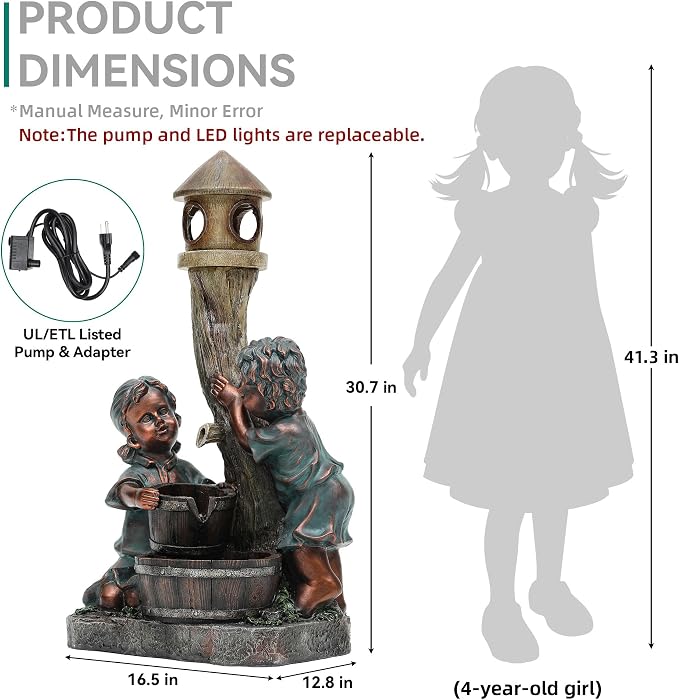 AUTODAYA 31" Boy & Girl Outdoor Water Fountain with LED Lights, Pagoda and Wood Barrel Garden Fountain, 3-Tier Cascading Waterfall for Tranquil Backyard, Patio or Porch, Faux Bronze Finish