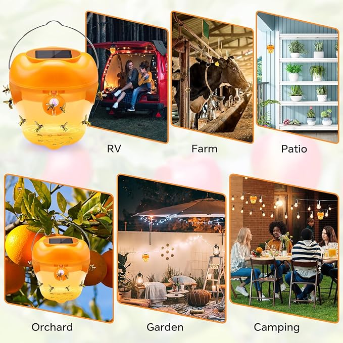 Wasp Trap, Solar Wasp Traps Hanging, Reusable Yellow Jacket Trap with LED Light, Wasps Killer, Bee Hornet Traps for Outside Orchard, Farm, Garden, Patio, Courtyard (4, Yellow)