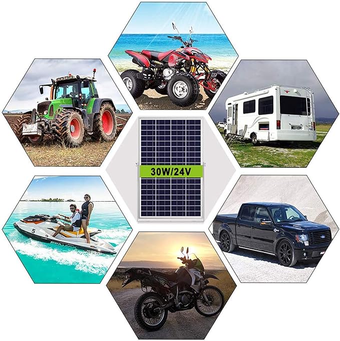SOLPERK 30W 24V Solar Panel, Adjustable Mount Bracket+Alligator Clips+Screw Sets Solar Battery Trickle Charger Maintainer for Automotive Motorcycle Boat Marine RV