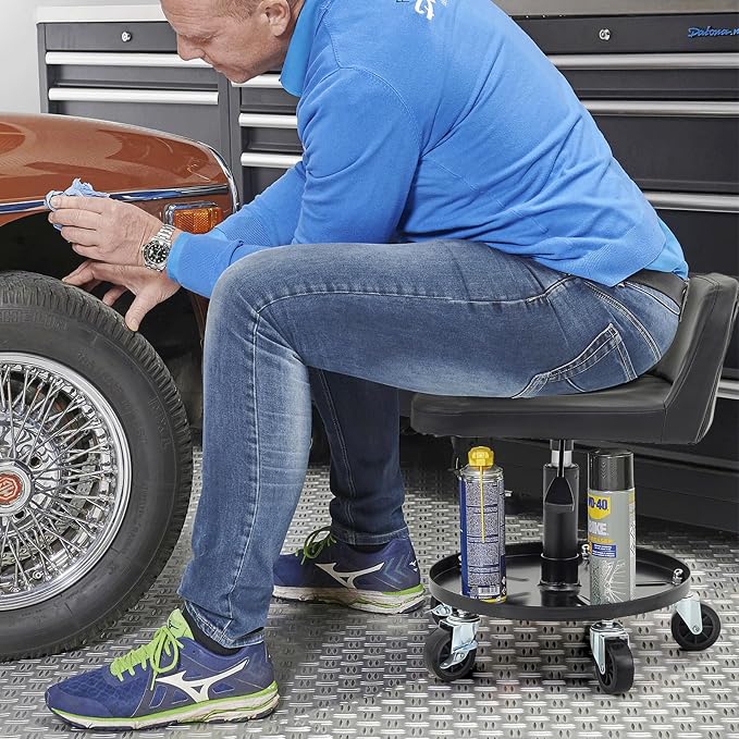 M-AUTO Padded Seat Mechanic Stool with Wheels, 16”-21” Height Adjustable Swivel Mechanics Seat with Tool Tray Storage for Garage and Garden, 300lbs Capacity