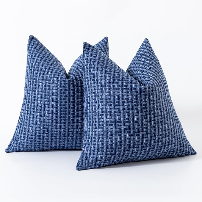 Kevin Textile Outdoor Waterproof Throw Pillow Covers Pack of 2 Weaving Texture Water Resistant Outside Decorative Cushion Covers for Garden Patio Tent Balcony Bench Couch Sofa 16x16 Inch, Navy Blue