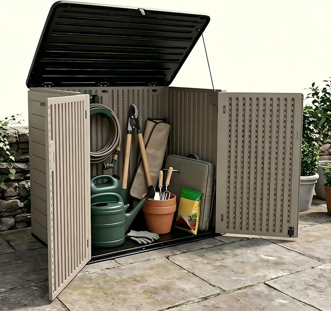 38 Cu. Ft Horizontal Resin Storage Shed, Outdoor Storage Cabinet, Weatherproof, Easy to Assemble, Outdoor Storage Box for Backyards/Patios/Garden, No Shelf (Brown)