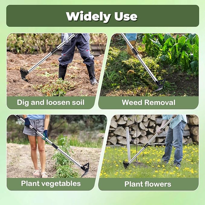 NICOFPHY Weed Puller Tool with Long Handle - 60" Manual Weeder Remover Tool, 2 in 1 Hand Weed Rake and Garden Hoe for Gardening, Heavy Duty Uprooting Weeding Pull for Yard, Lawn, Patio and Garden