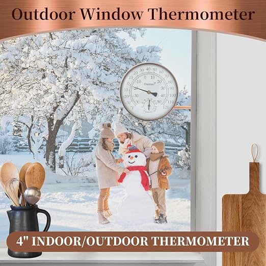 4" Brass Outdoor Thermometer with Humidity, Analog Wall Mount Temperature Gauge, Decorative for Patio, Garage, House, Greenhouse, Window, Antique Bronze, No Battery