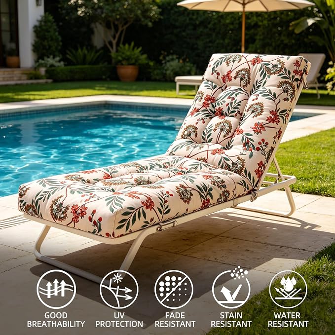 Patio Chaise Lounge Cushions, 68"x21"x4.5" Waterproof Replacement Beach Pool Lawn Outdoor Lounge Chair Cushion with Pocket, Non-Slip Bottom & Secure Ties for Outdoor Furniture, Flower Red