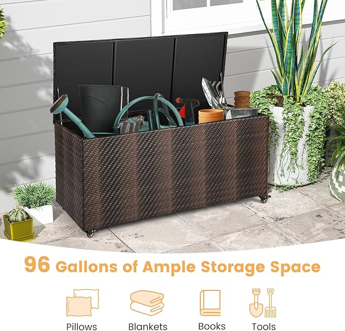 Giantex 96-Gallon Outdoor Storage Box - PE Wicker Deck Box with Lid, 4 Wheels, Waterproof Liner, outside Rattan Storage Container for Patio Cushions, Garden Tools Accessories Storage Box (Mix Brown)