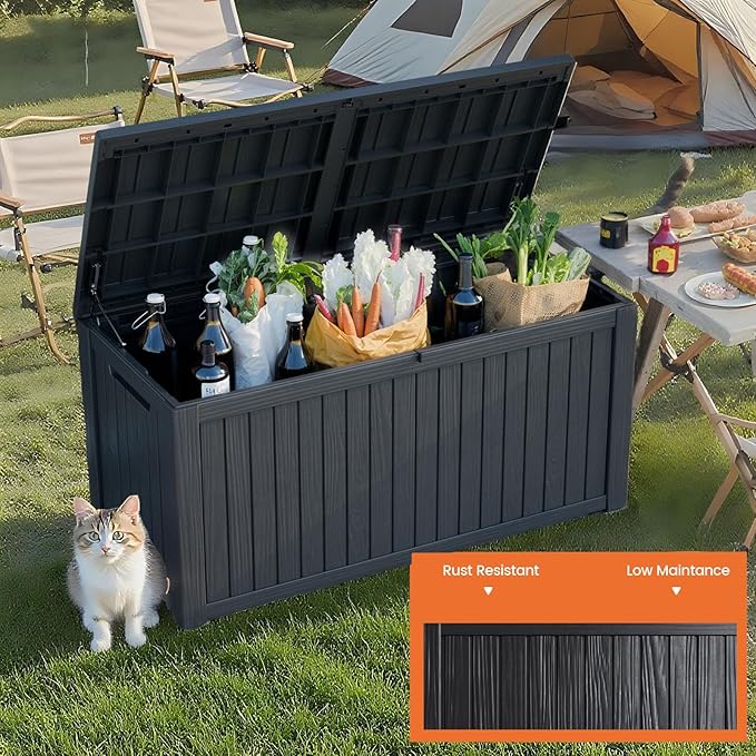 180 Gallon Outdoor Storage Box - Lockable Resin Deck Box for Patio Cushions & Garden Tools - Waterproof & Durable Outdoor Storage Bin - Sleek Black Design