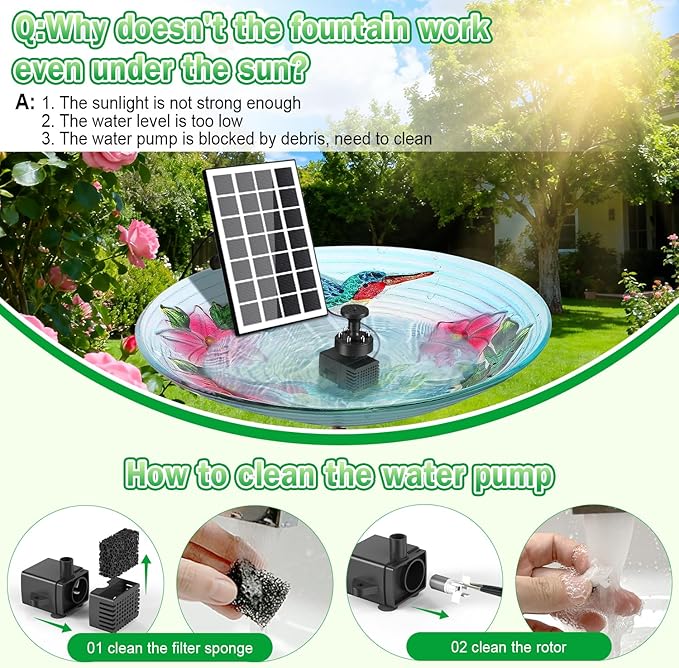Jutai Solar Fountain Kit Colorful Lights,3.5W Glass Panel Solar Water Pump with 2000mAH Battery, Sucker & Stake for Bird Bath, Garden, Outdoor, Water Feature-16.4ft Power Cord,7 Nozzles