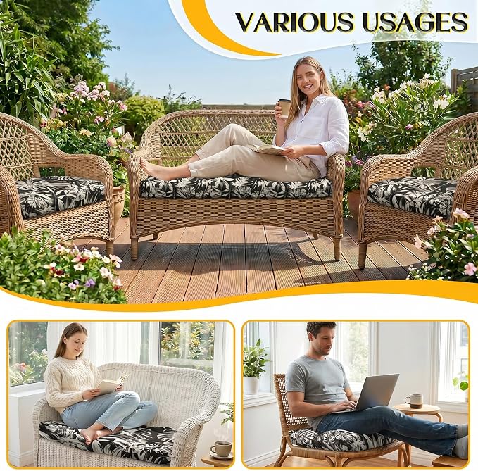 1 MIDDLE ONE Wicker Chair Cushions 3 Pieces Set for Outdoor Furniture, Replacement Patio Wicker Furniture Cushions, 1Pc Loveseat Cushion & 2Pcs Chair Cushions (Black Monstera)