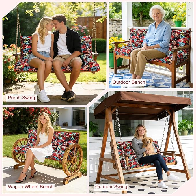 Porch Swing Cushions 3 Seater Replacement Thicken 5" Waterproof & Fade Resistant Swing Cushions for Outdoor Furniture Bench Patio Swing Cushion with Backrest & Ties(Black Floral 60x40x5inch)