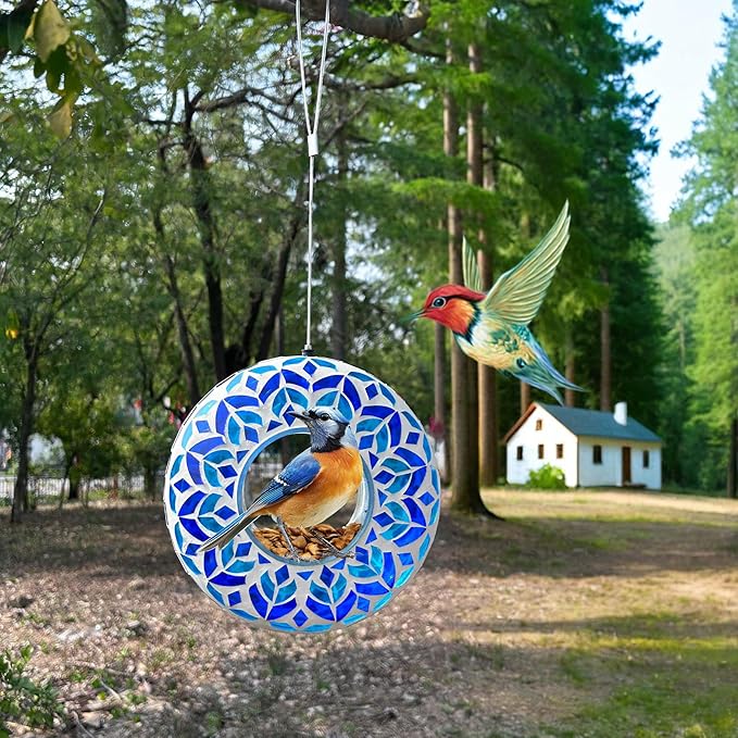 Lily's Home 8" Mosaic Hanging Bird Feeder with 10" Wire - Bird Feeders for Outdoors - Ideal Garden Decor - Easy to Fill and Hang - Perfect for Backyard Wild Birds- Fly-Through Access