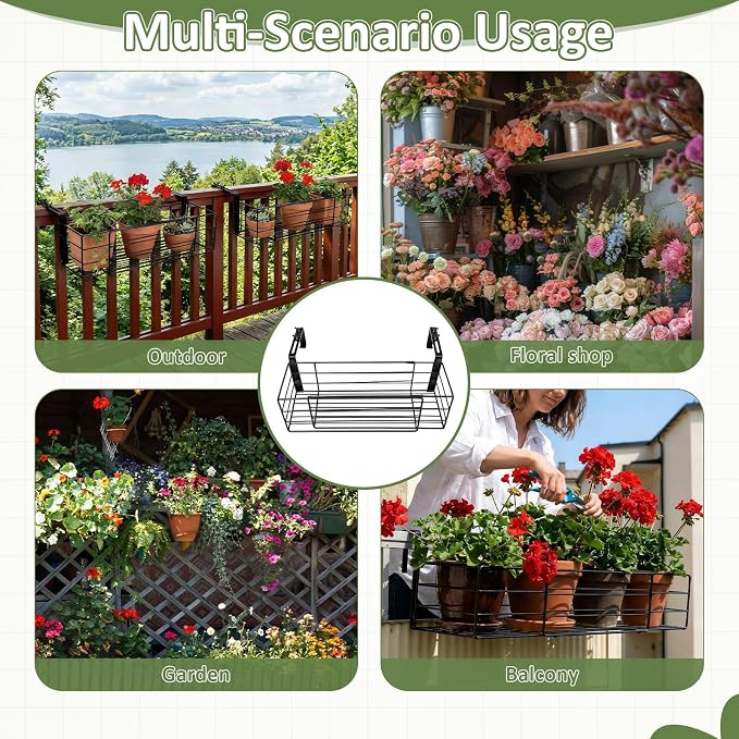 Youyole Railing Hanging Planter Holders, Adjustable Balcony Flower Pot Rack Stand, Expands 14"-27" Iron Hanger Hooks Fit Almost Any Balcony, Fence or Deck Railing up to 6" Wide(Black)