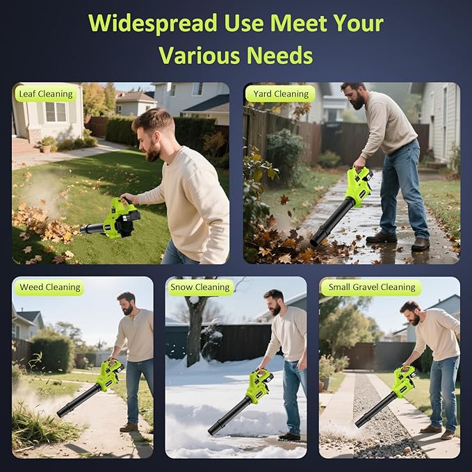 Leaf Blower Cordless with 2 x 4.0Ah Battery Operated and Fast Charger, 650CFM 280MPH Electric Leaf Blower, 3 Speed Mode, 20V Powered Handheld Blowers for Lawn Care, Blowing Leaves, Small Gravel, Green