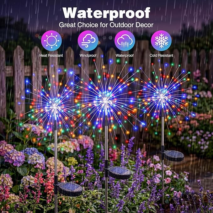 btfarm 2 Pack Solar Garden Lights Outdoor 8 Modes, 120 LED Firework Lights Solar Powered, Waterproof Twinkle Fairy Light Outside for Yard Pathway Lawn Pool Patio Christmas Decorative, Multicolor