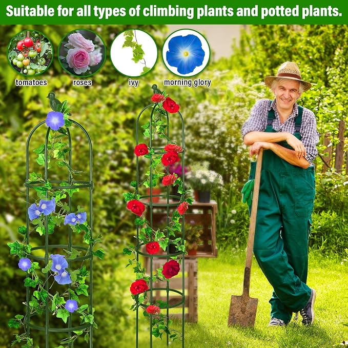 Sadnyy 4 Pack 6 ft Garden Obelisk Trellis for Climbing Plants Outdoor- Heavy Duty Rustproof Metal Pipe with Plastic Coated Plant Trellis for Clematis Grape Pea Vines Tomatoes Cucumbers Flowers(Green)