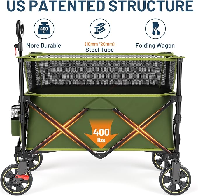 Timber Ridge Collapsible Folding Wagon 350L Extra Large with Brake, Heavy Duty Camping Utility Cart Outdoor, Extended Height Adjustable Handle, Cup Holders, Side Bag, Green