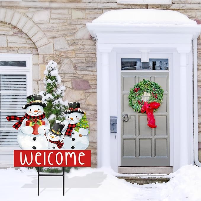 Whaline Christmas Metal Garden Stake Welcome Yard Sign Watercolor Snowman Family Decorative Lawn Sign for Winter Xmas Holiday Home Outside Lawn Porch Walkway Decor