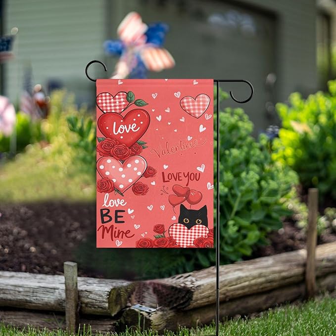 Valentine’s Day Cat Love House Flag 28x40 Inch Double Sided Outside Red Heart Be Mine Valentines Gift Yard Outdoor Flag Banner for Garden Lawn Patio Holiday Decorations