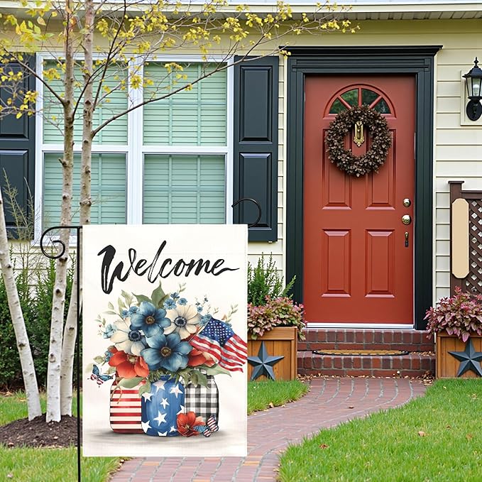 Patriotic Fourth of July Garden Flag Welcome Red White and Blue Mason Jar Flowers Yard Flags American Flag Floral Farmhouse Outdoor for Independence Day Memorial Day Veterans Day 12x18 Inch