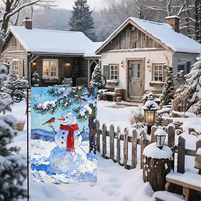 Winter Snowman Garden Flag 12x18 Inch Winter Snow Scene Cardinal Tree Holiday Decorative Yard Flags for Outside Double Sided Seasonal Outdoor Home Farmhouse Decoration Porch New Year Decor