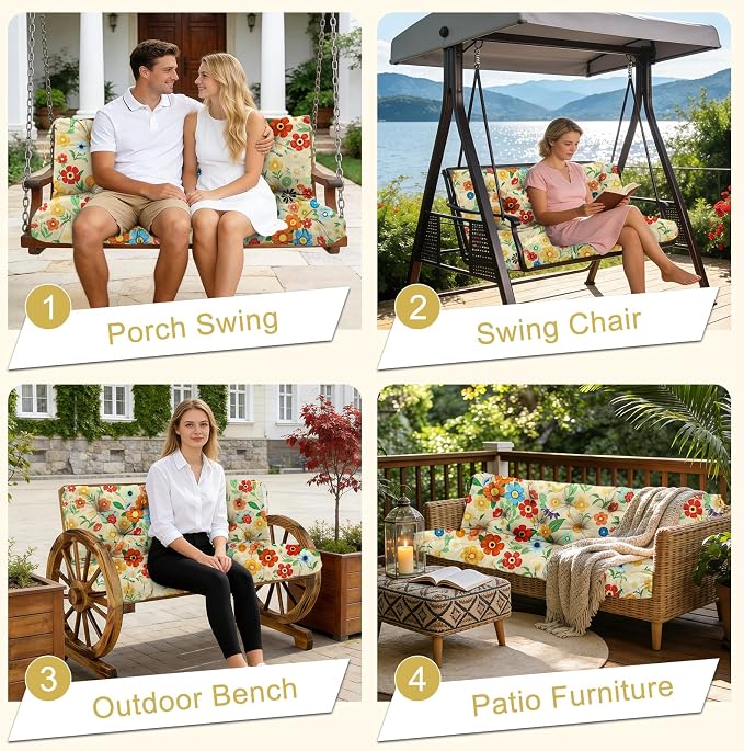 Porch Swing Cushions 40 inch Waterproof & Fade Resistant Thicken 5" Outdoor Swing Cushions 2 Seater Replacement with Backrest & Ties Patio Swing Cushions for Outdoor Furniture (Flower)