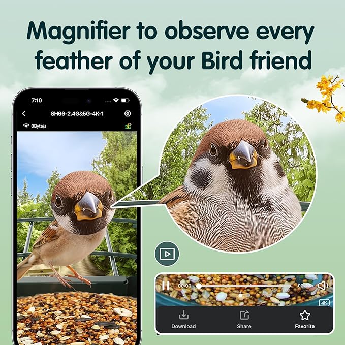 Bird Feeder Camera, 4K 8MP Solar Powered Bird Box Camera with AI Bird Identification, 2.4G/5G Wi-Fi, Color Night Vision, Slow Motion, Weatherproof Outdoor Wildlife Camera