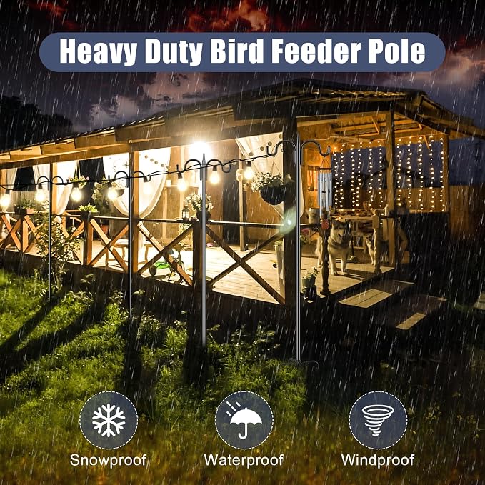 Gtongoko Squirrel Proof Bird Feeder Pole, 108 Inch Double Shepherds Hook with 19 Inch Squirrel Baffle, Heavy Duty Adjustable Outdoor Bird Feeder Stand with 5-Prong Base for Garden, Plants, Black