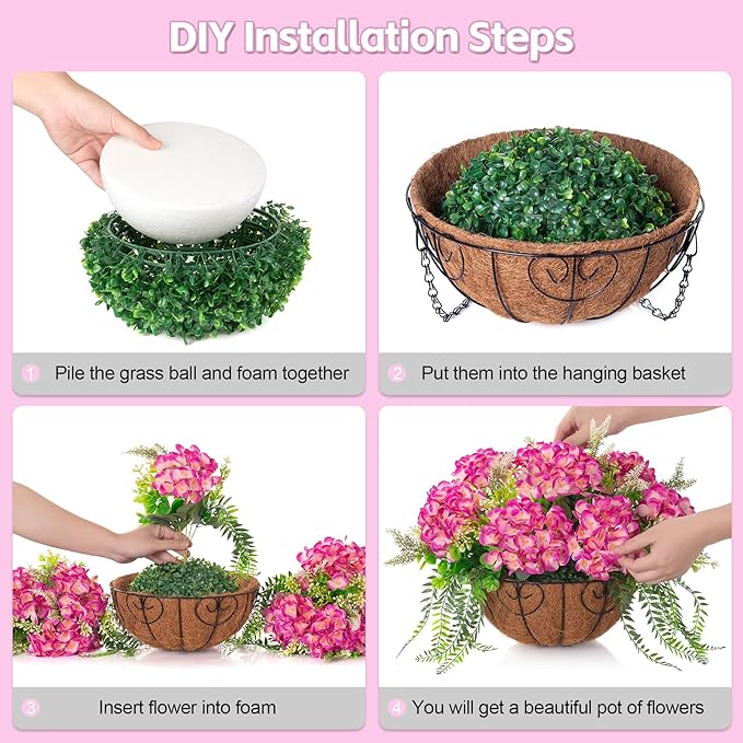 Ammyoo Artificial Hydrangea Flowers with Hanging Basket Planter for Spring Decoration, Fake Silk Flowers Outdoor Arrangements, Faux Hanging Plants for Garden Balcony Outside Decor (Fuchsia)